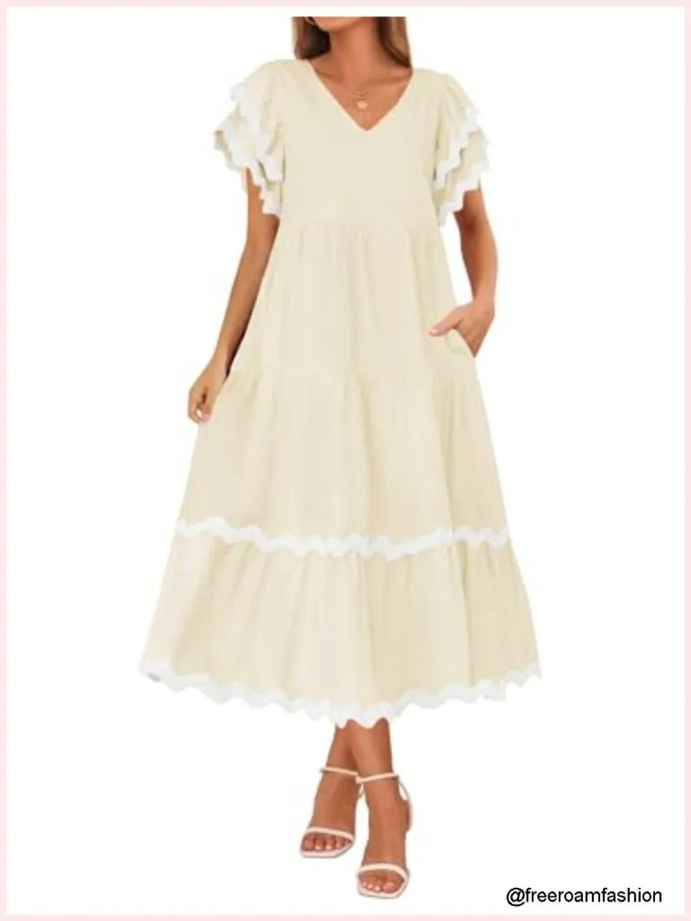 V Neck Flutter Short Sleeve Ruffle Tiered A Line Flowy Midi Dress Beach Casual